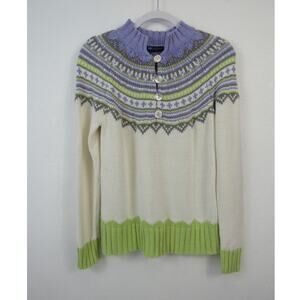 Relativity Medium Cream Purple Green Fair Isle Printed Pullover Sweater Mockneck